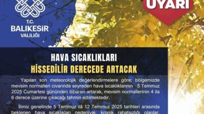 Balıkesir Valiliği mevsim normalleri üzerine çıkması beklenen sıcaklıklar hakkında uyarıda