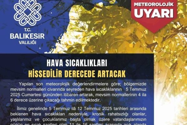 Balıkesir Valiliğinden Meteorolojik  Uyarı