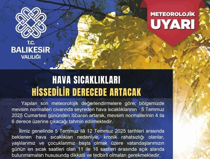 Balıkesir Valiliği mevsim normalleri üzerine çıkması beklenen sıcaklıklar hakkında uyarıda