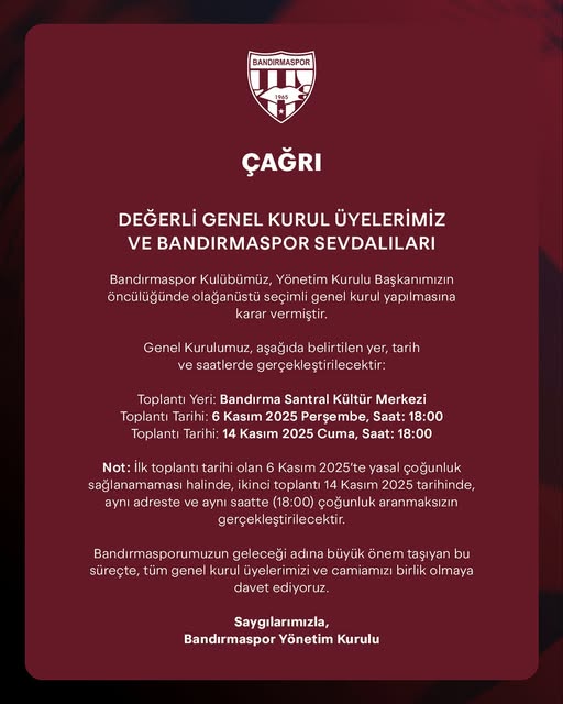Bandırmaspor Yönetim Kurulu olağanüstü kongreye gitme kararı aldı. Sezon başında
