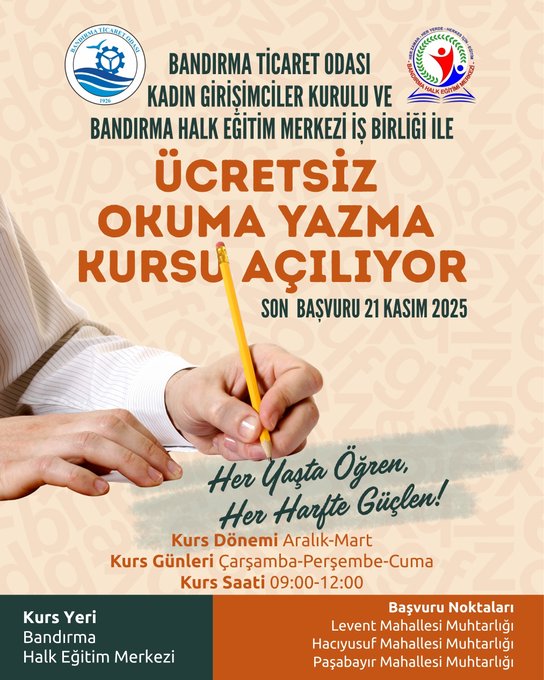 Ticaret Odasından ücretsiz okuma yazma kursu