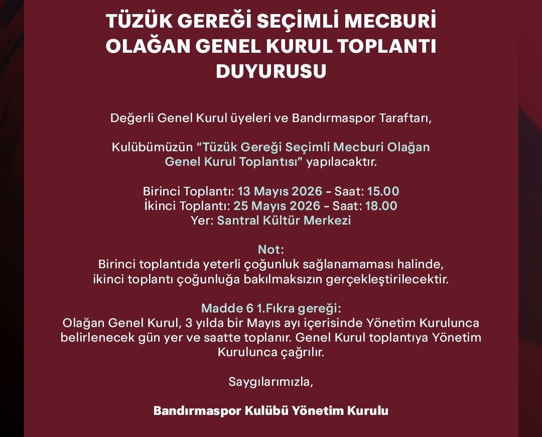 Bandırma Spor Kulübü olağan genel kurula gidiyor