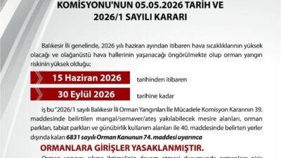 Balıkesir ili orman yangınları ile mücadele komisyonu aldığı kararla 15